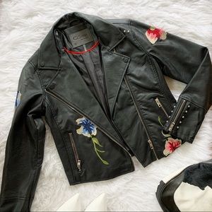 Ci Sono Black Faux Leather Embroidered Jacket